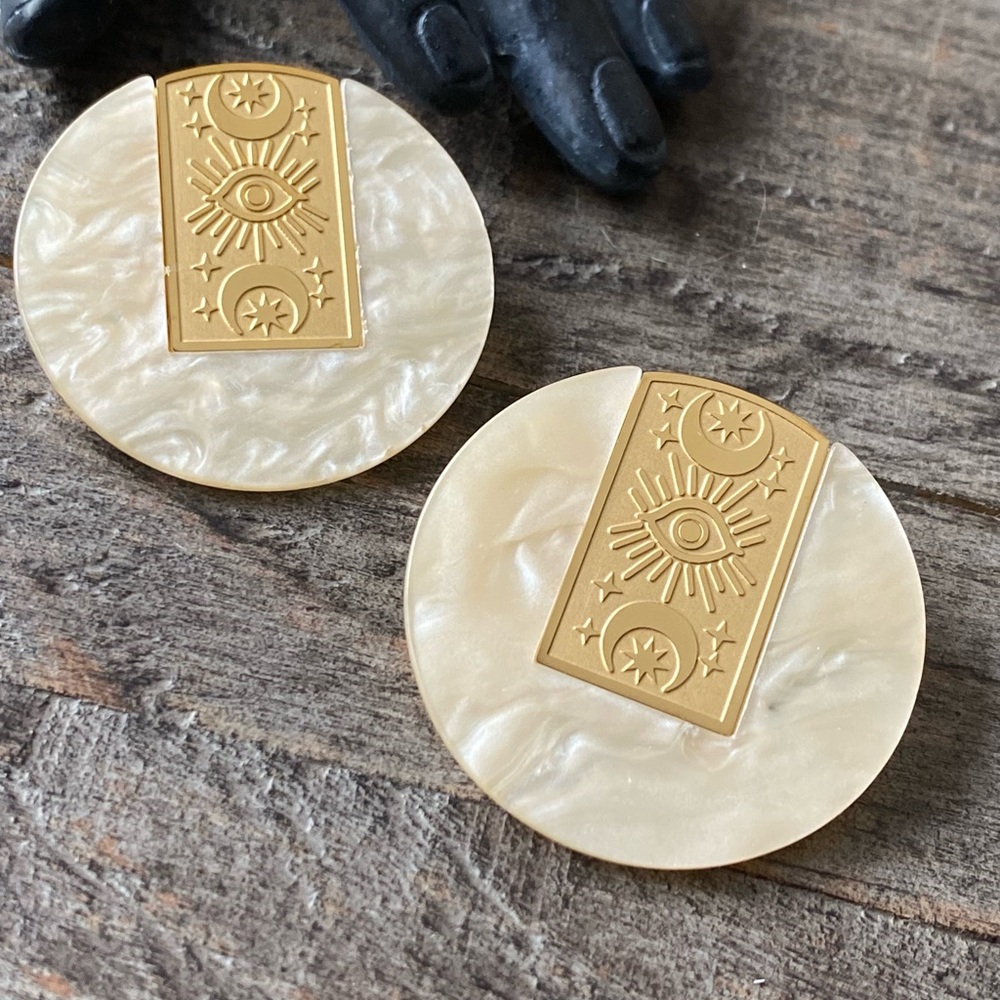 NEW Gold Celestial Disk Statement Earrings - Picture 7 of 7